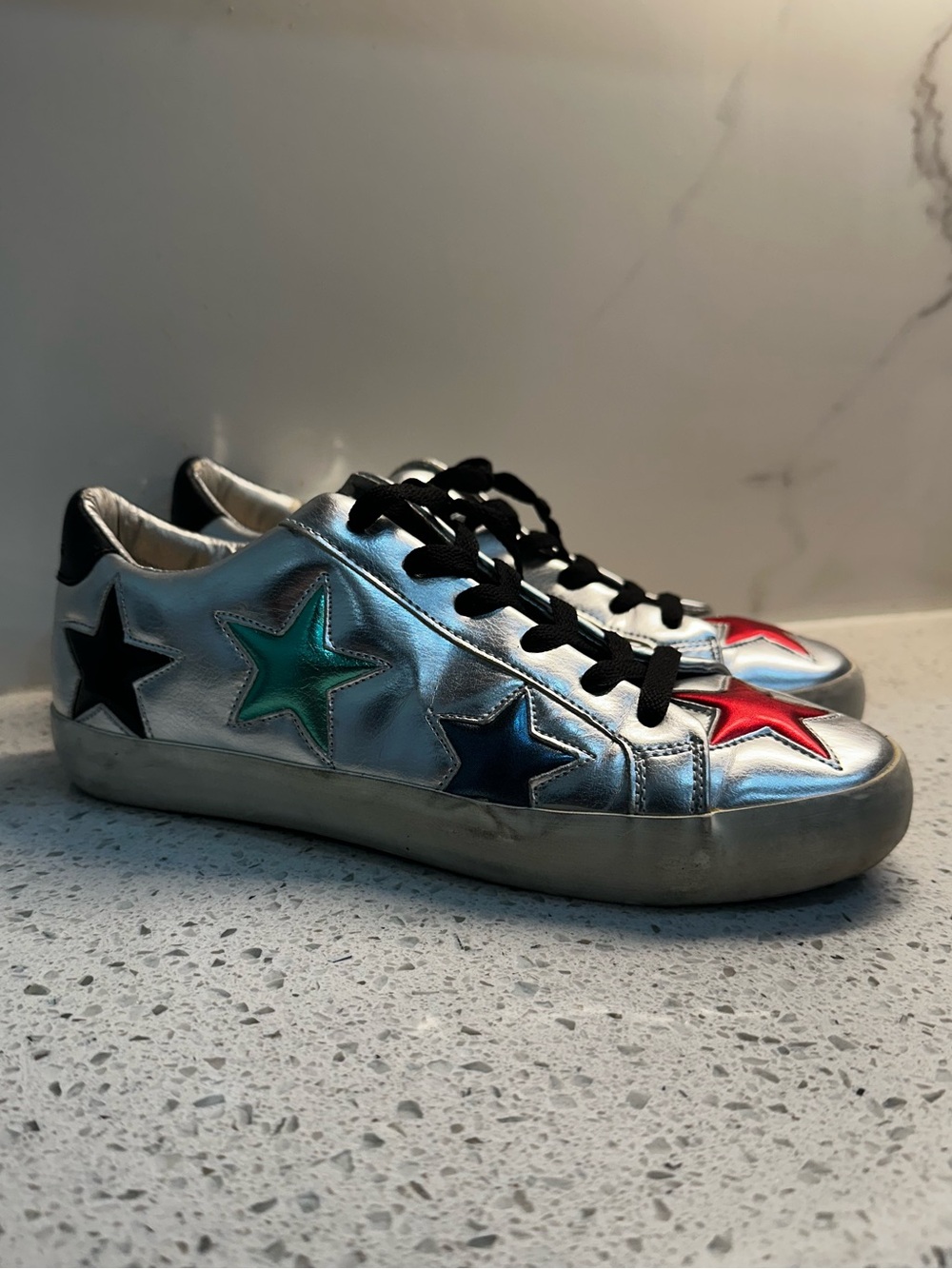 Vintage Havana Metallic Silver Sneakers with Multicolor Star Patches
